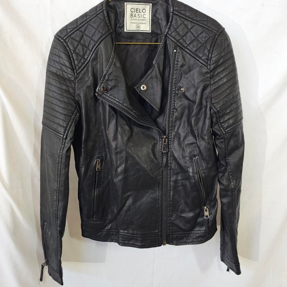 #0209 Cielo Basic Women M Black Faux Leather Moto Biker Jacket Quilted Shoulder